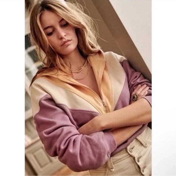 SEZANE‎ Tess Hooded Sweatshirt Size XXS Mauve Purple Yellow Chic French Pullover - Picture 3 of 16